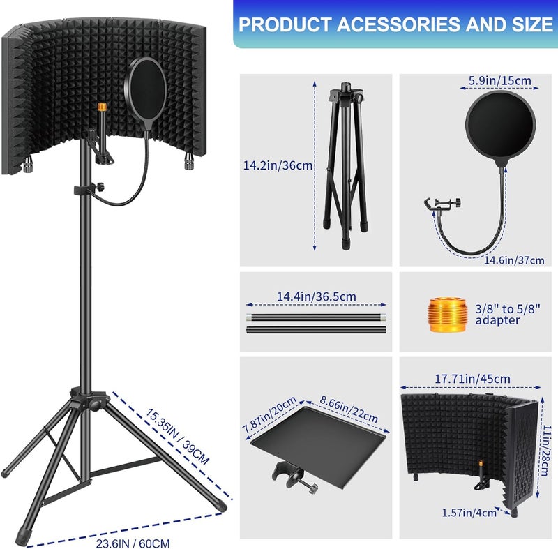 Dmsky Microphone Isolation Shield with Pop Filter & Tripod Stand, Foldable Mic Shield with Triple Sound Insulation, High Density Mic Sound Shield for Recording Studio, Podcasts, Singing, Broadcasting - Image 3